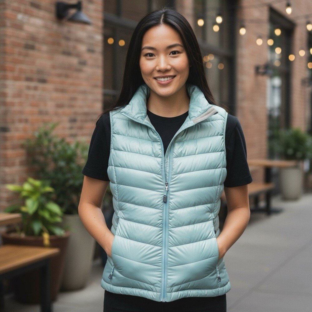 Eastern Mountain Sports Vest Womens S Aqua Puffer Chevron Zip Nylon 8 Outdoor